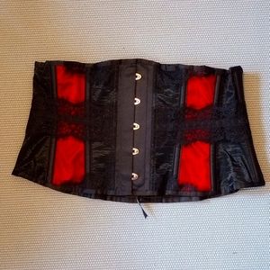 Waist Taming Mesh Underbust Corset with Red Satin Panels and Decorative Lace